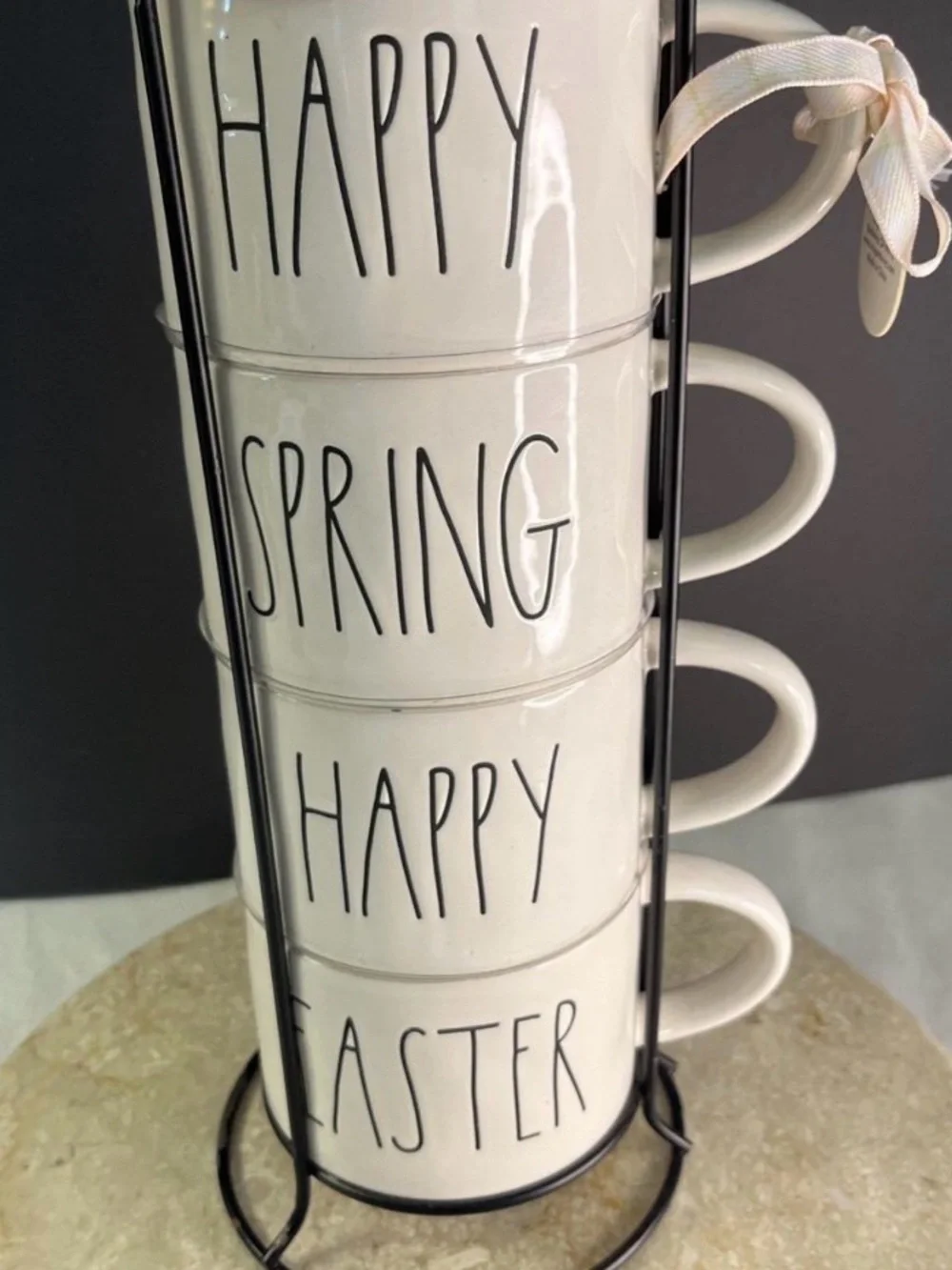 Rae Dunn White Ceramic Stackable Mug Set with Black Rack